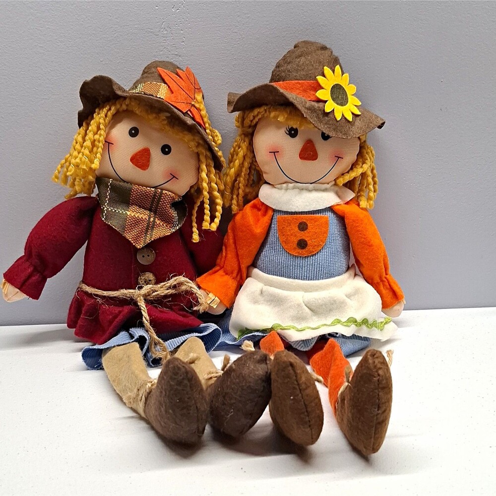 Fall Scarecrow Shelf Sitters Pair 17" Fabric Dolls Harvest Autumn Decor